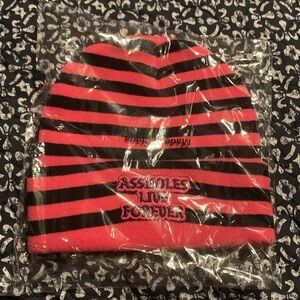 NWT ALF pink and black striped jail beanie hat stretch to fit big head and small